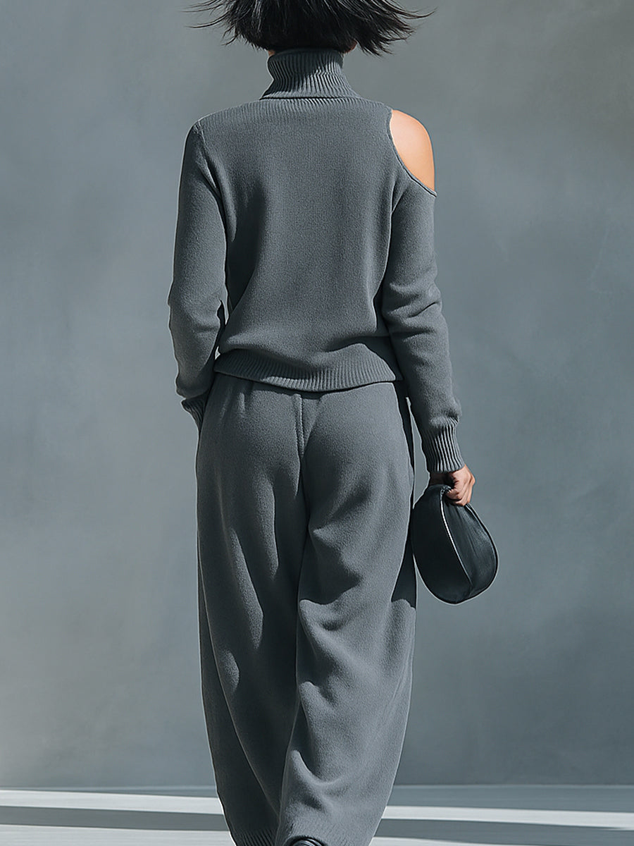 Dalia — Completo due pezzi in maglia con pantaloni a gamba larga grigio