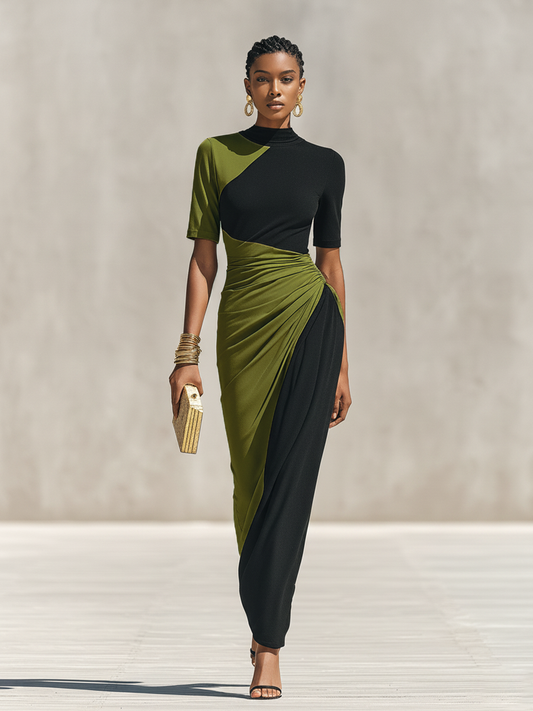 Velia — Abito lungo color block nero e verde oliva