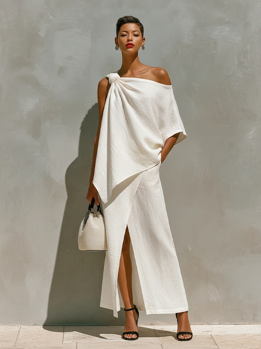 Dafne — Completo due pezzi in lino con gonna bianco