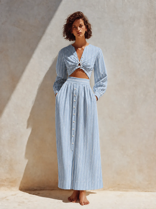 Ginevra — Completo due pezzi in cotone e lino a righe bianco e blu