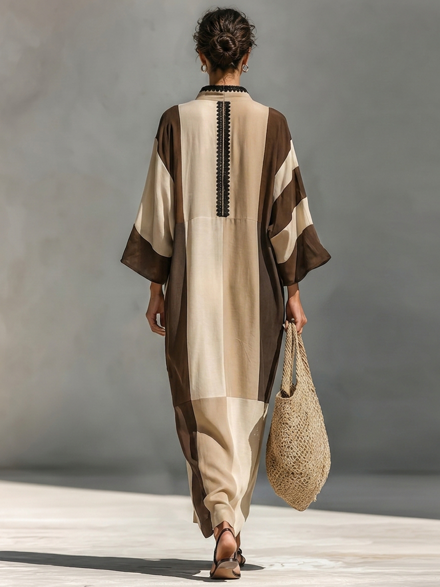 Incoronata — Abito lungo in lino color block marrone e beige