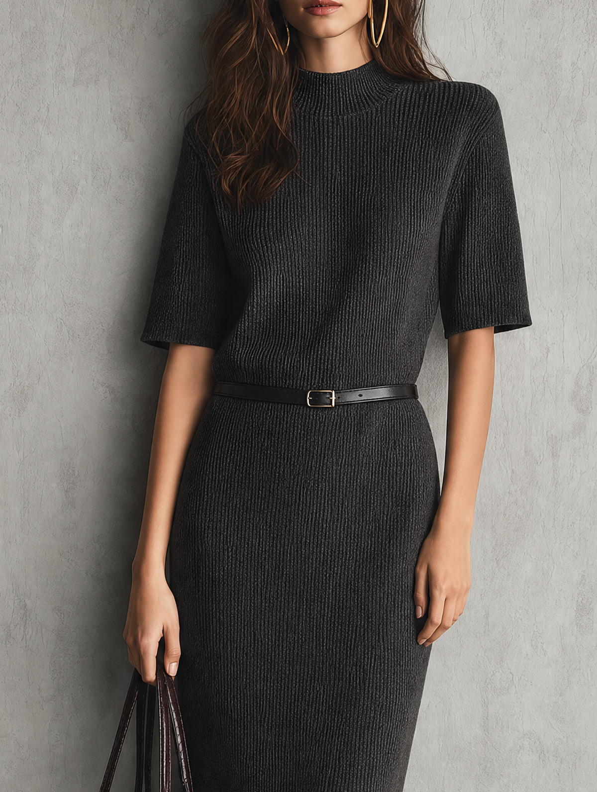 Italina — Abito midi in maglia con girocollo grigio scuro