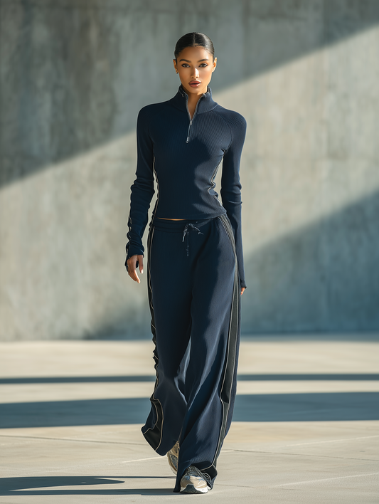 Luciana — Completo due pezzi in maglia a coste blu navy
