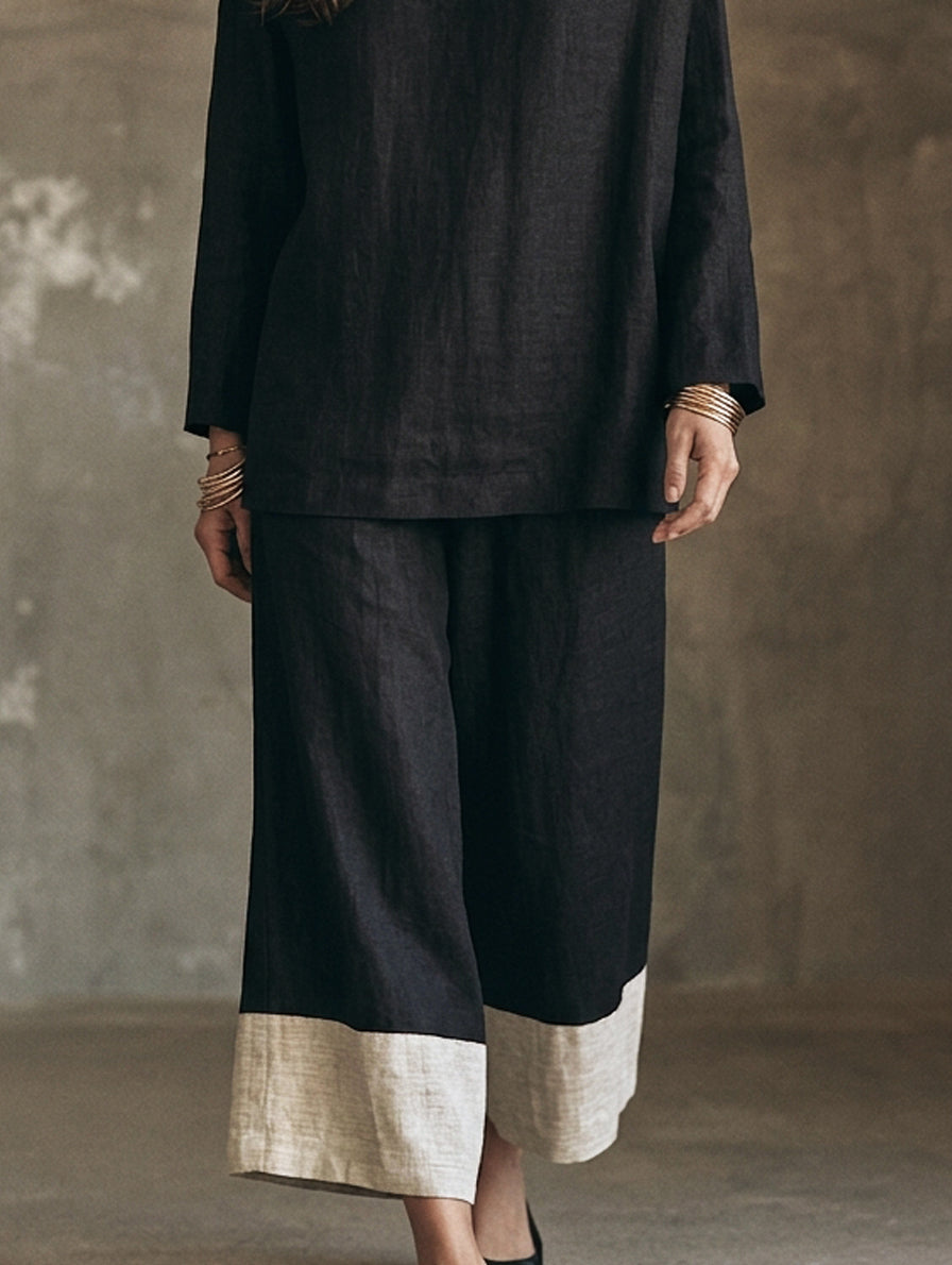 Manuela — Completo due pezzi in cotone e lino con pantaloni nero e bianco