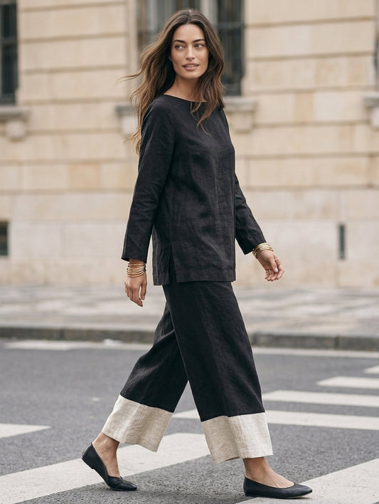 Manuela — Completo due pezzi in cotone e lino con pantaloni nero e bianco
