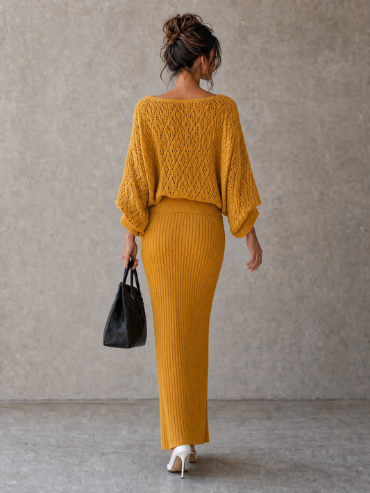 Natalia — Completo due pezzi in maglia con gonna giallo
