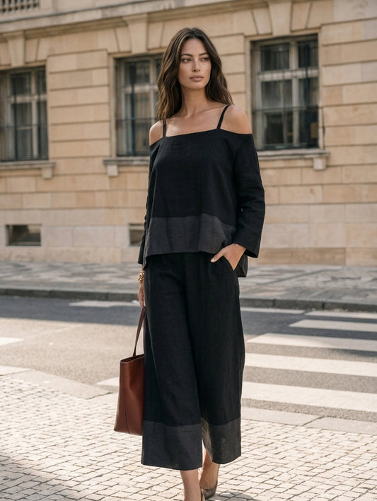 Marta — Completo due pezzi in cotone e lino con pantaloni nero