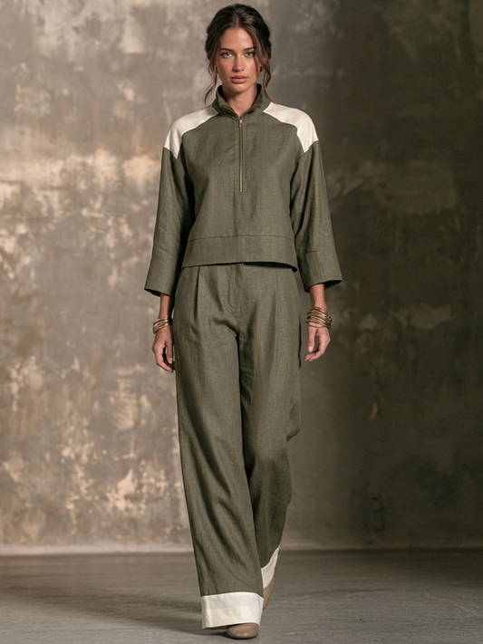 Milena — Completo due pezzi in lino color block verde