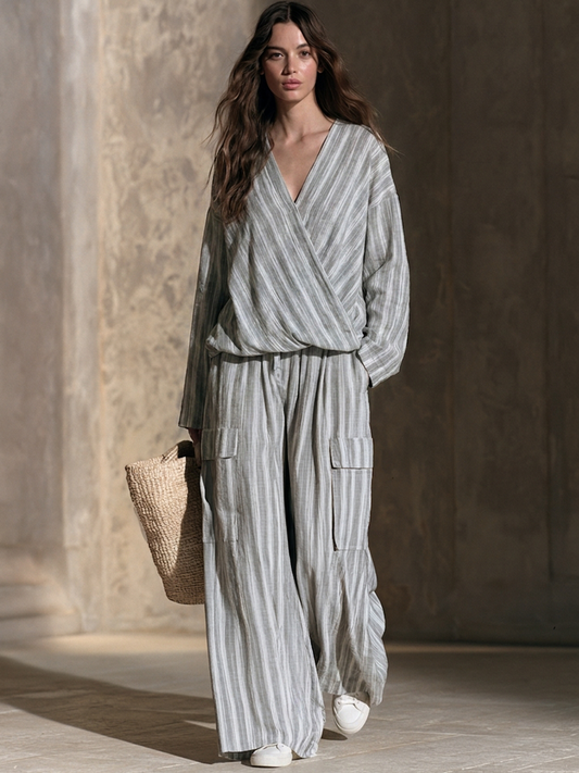 Miriam — Completo due pezzi in cotone e lino a righe grigio