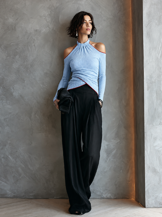 Nerina — Completo due pezzi in cotone plissettato blu