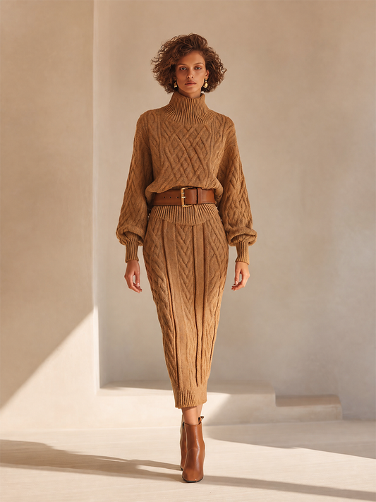 Rosaria — Completo due pezzi in maglia con gonna midi marrone
