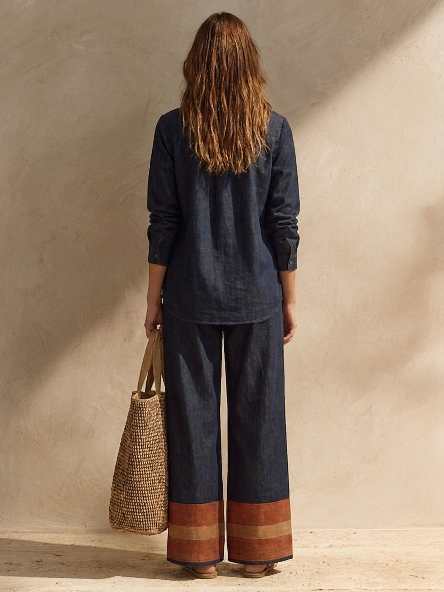 Perla — Completo due pezzi in cotone e lino a righe blu