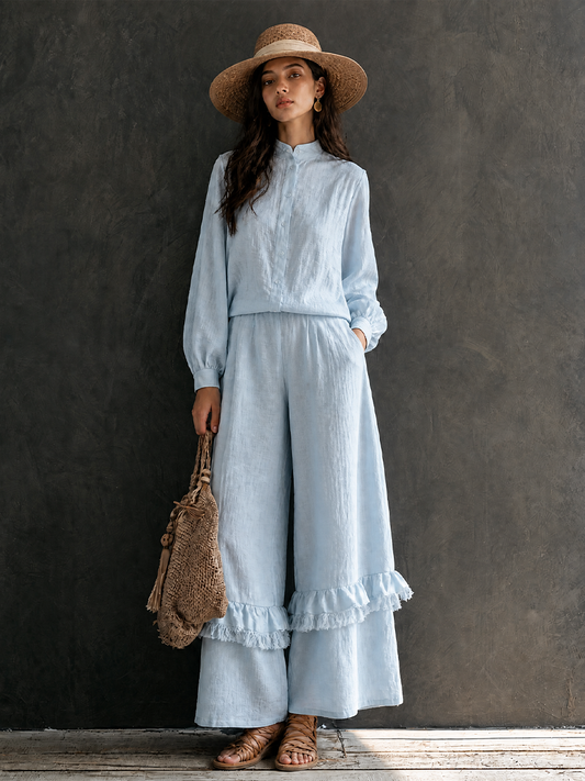 Rosalba — Completo due pezzi in cotone e lino blu