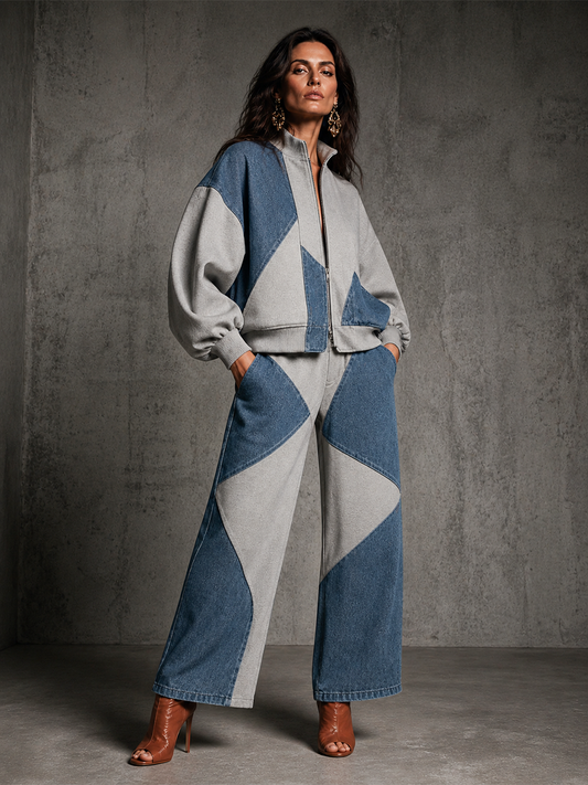 Simona — Completo due pezzi in cotone con pantaloni a gamba larga blu e grigio