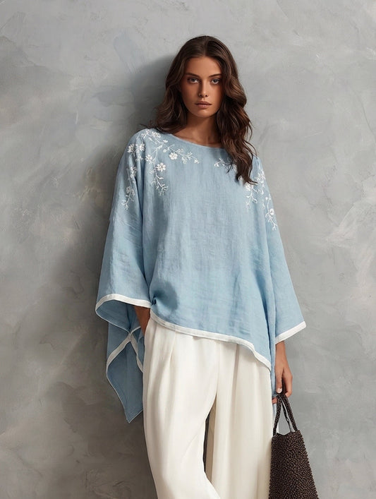 Azzurra — Completo due pezzi in cotone e lino ricamato blu e bianco