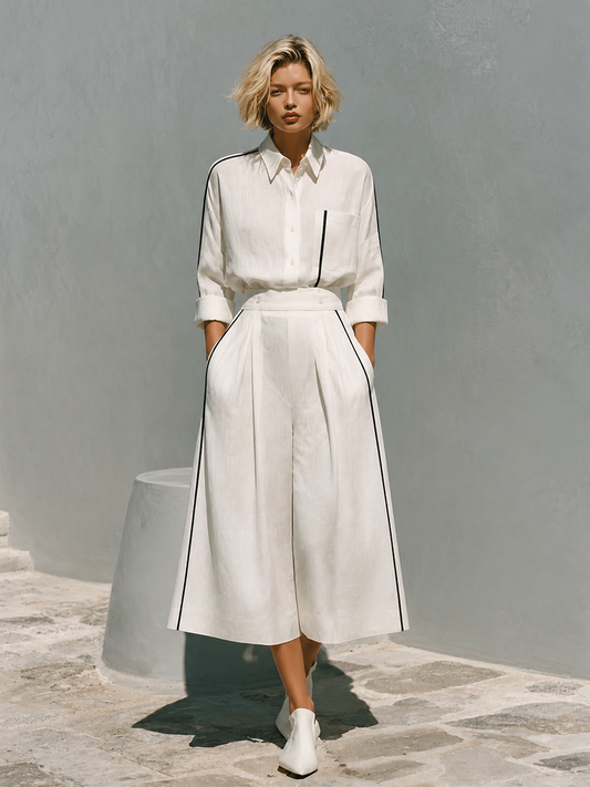 Tosca — Completo due pezzi in lino con pantaloni a gamba larga bianco