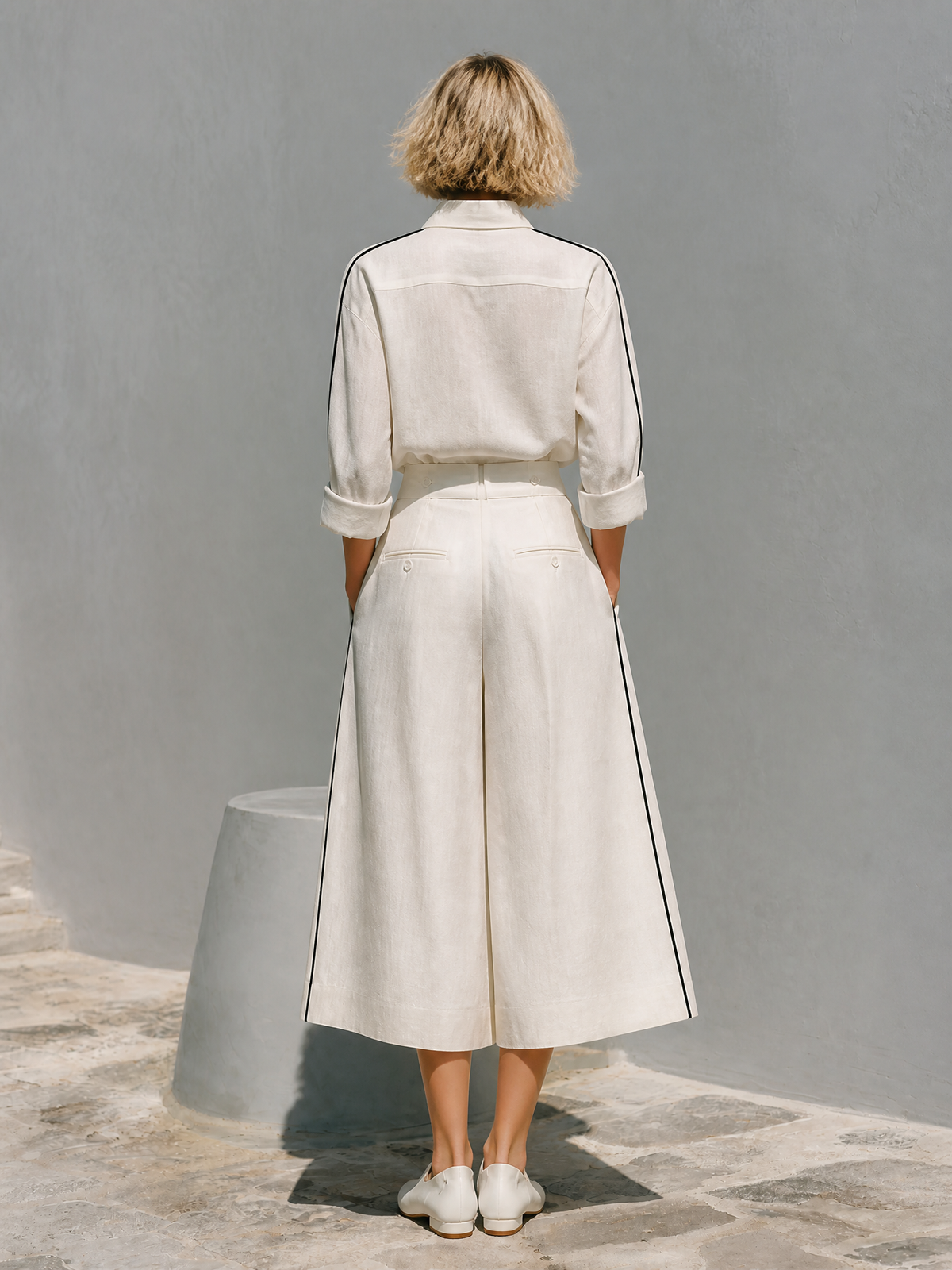 Tosca — Completo due pezzi in lino con pantaloni a gamba larga bianco