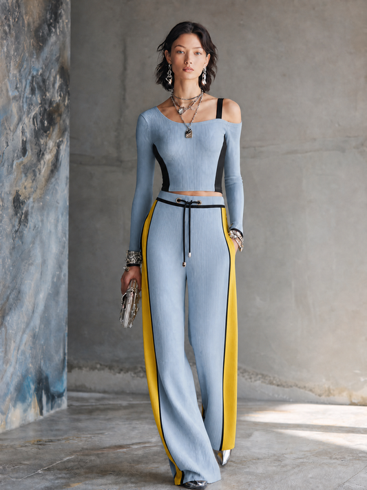 Viola — Completo due pezzi in maglia con pantaloni a gamba larga blu