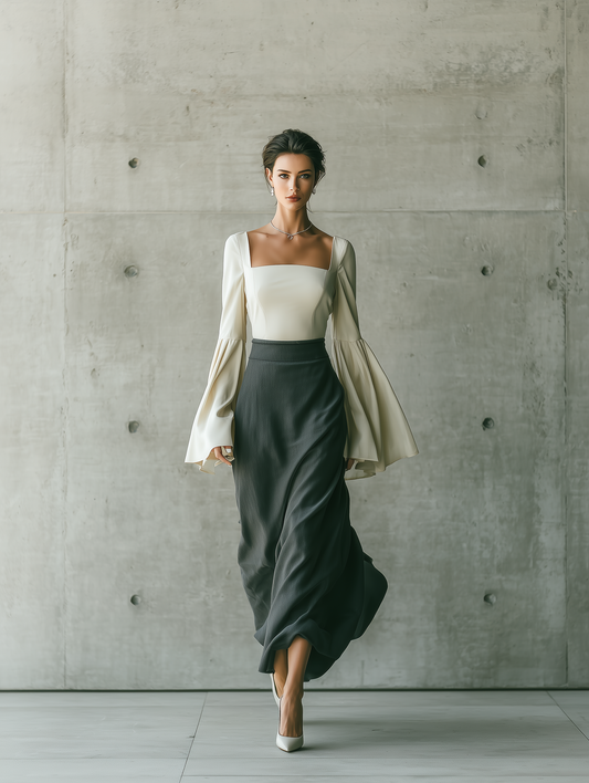 Valeria — Completo due pezzi in cotone con gonna lunga grigio