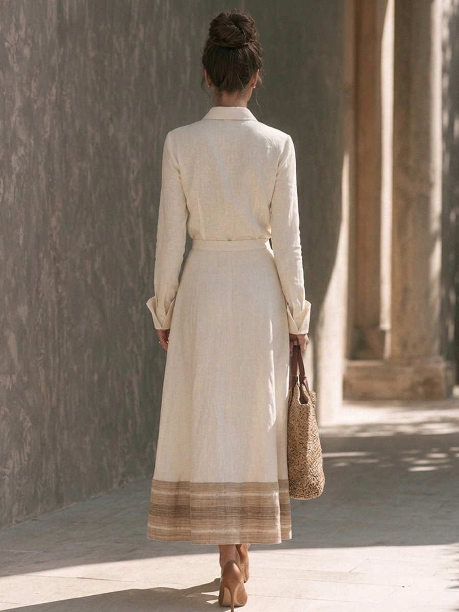 Viviana — Completo due pezzi in cotone e lino a righe beige