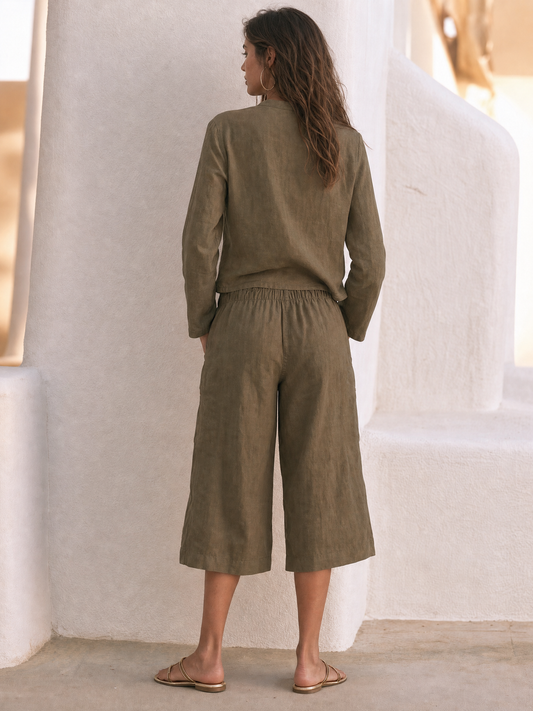 Alida — Completo due pezzi in lino con pantaloni a gamba larga verde oliva