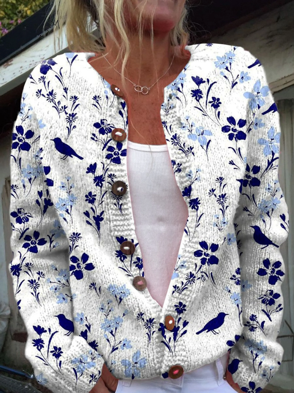 Vynora — Cardigan con stampa fiori e uccelli