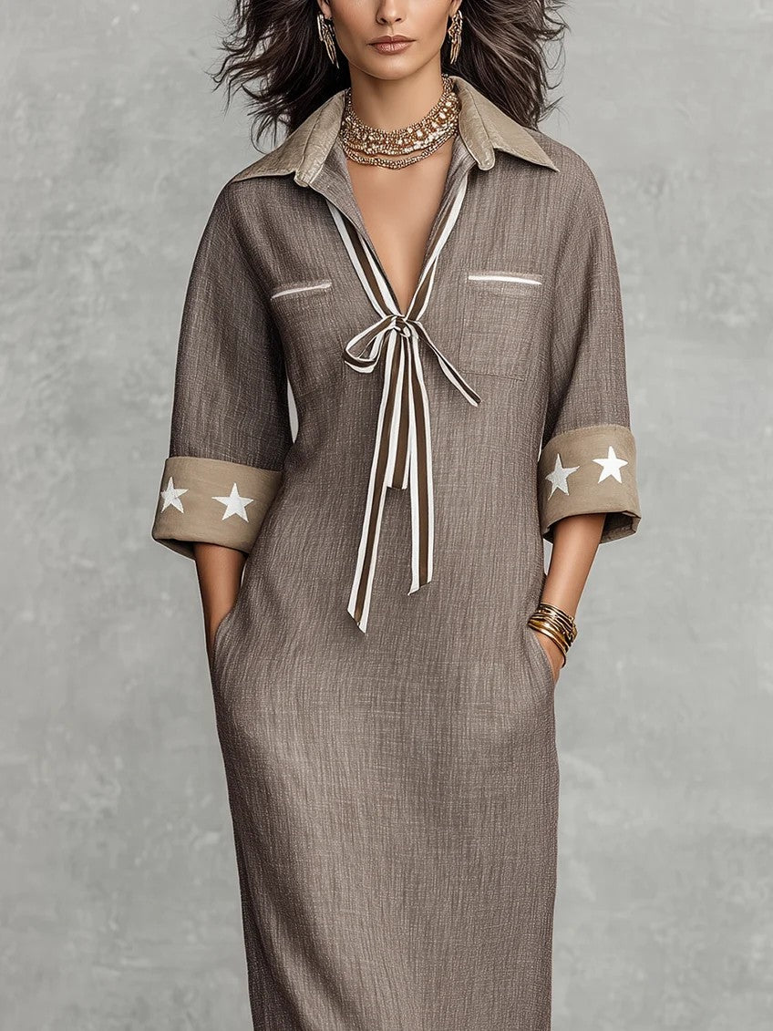 Annetta — Abito lungo in lino a righe con collo a camicia