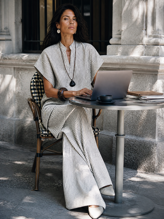 Fiorella — Completo due pezzi in cotone a righe grigio e bianco