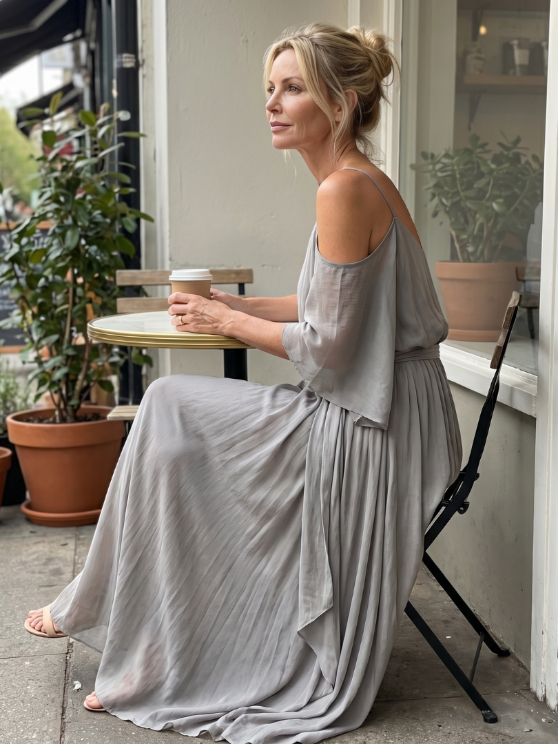 Miriam — Completo con top drappeggiato e spalle scoperte