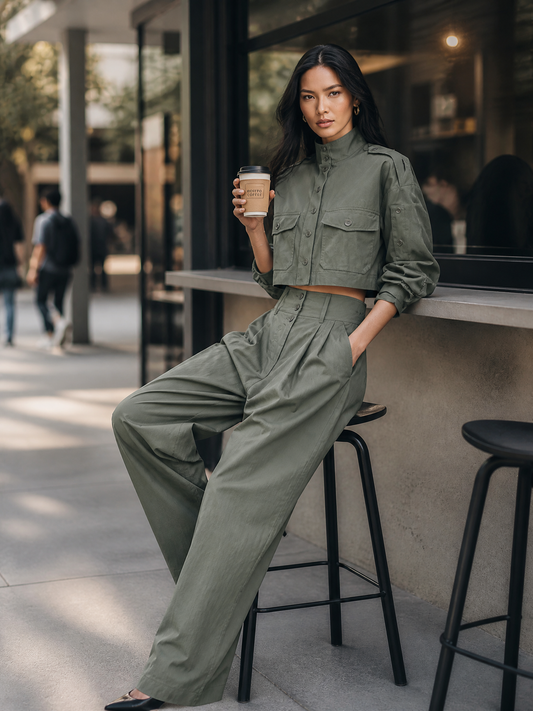 Ilaria — Completo due pezzi in cotone plissettato verde