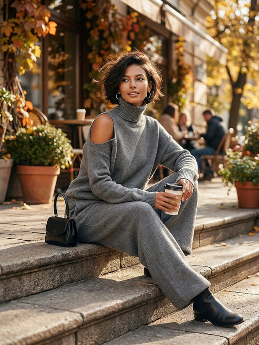 Dalia — Completo due pezzi in maglia con pantaloni a gamba larga grigio