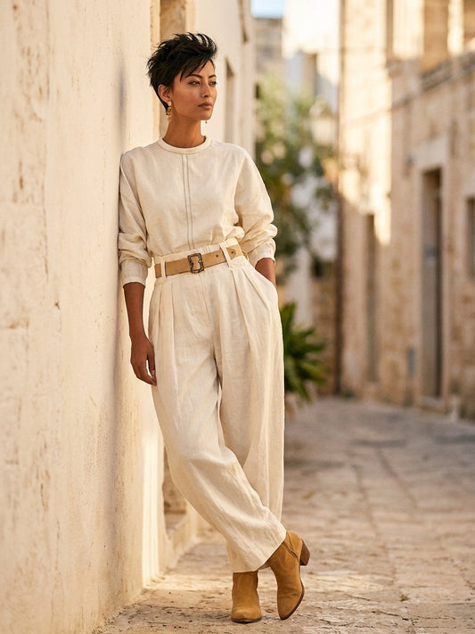 Delia — Completo due pezzi in cotone e lino con pantaloni bianco