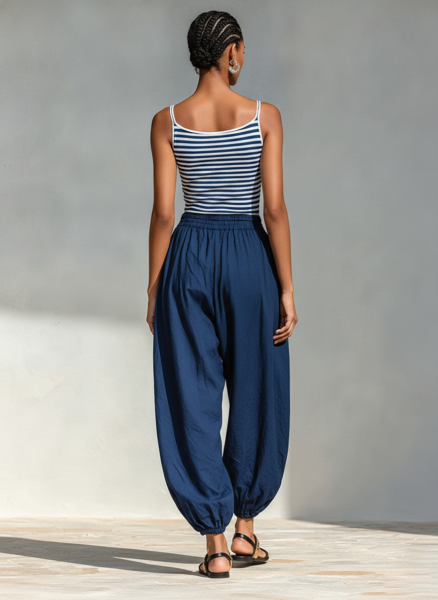 Assunta — Completo due pezzi in cotone a righe blu navy e bianco