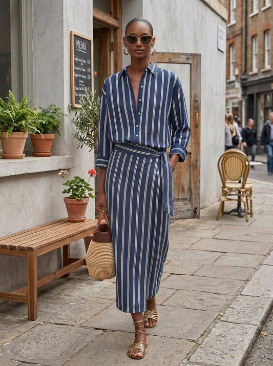 Cecilia — Completo due pezzi in cotone a righe blu royal