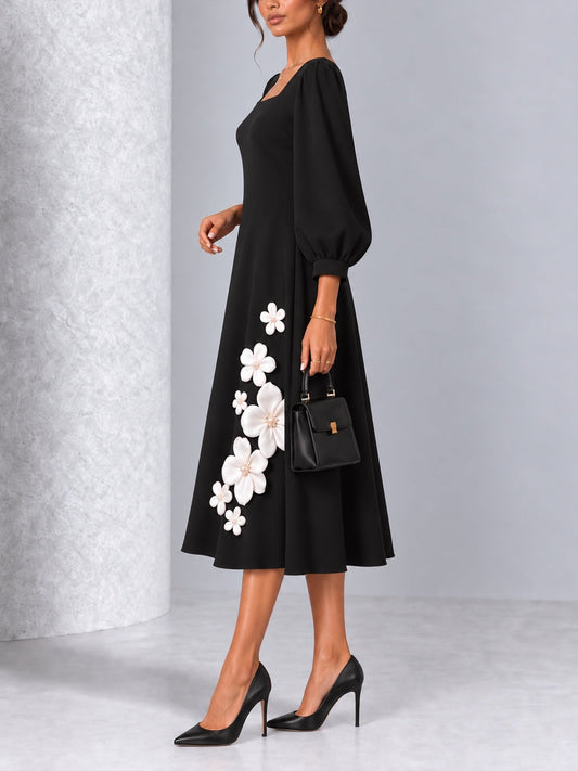 Antonella — Abito midi a fiori con applicazioni floreali