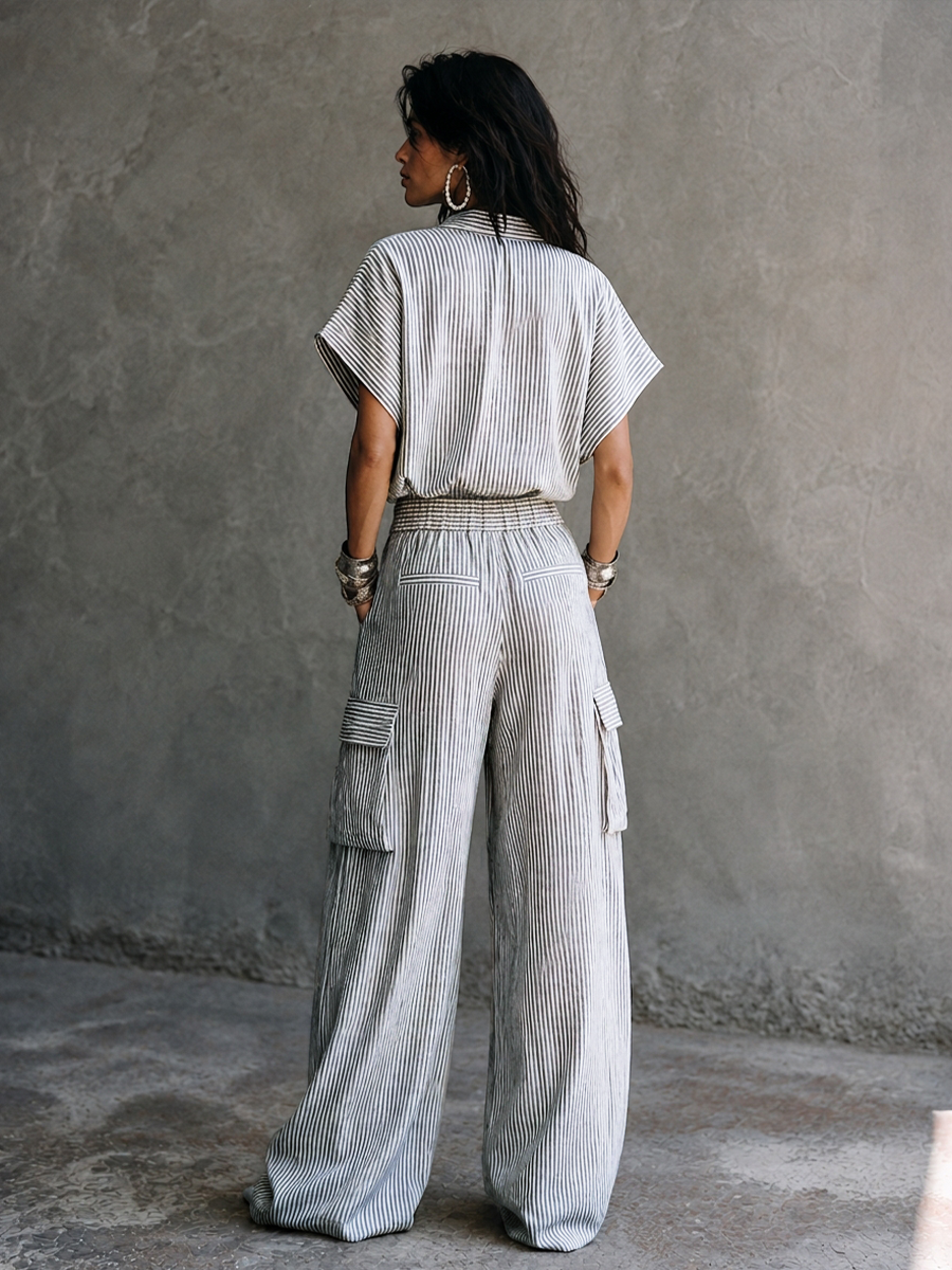 Fiorella — Completo due pezzi in cotone a righe grigio e bianco