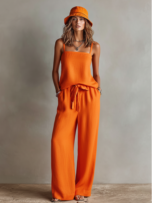 Arianna — Completo due pezzi in lino con pantaloni a gamba larga arancione