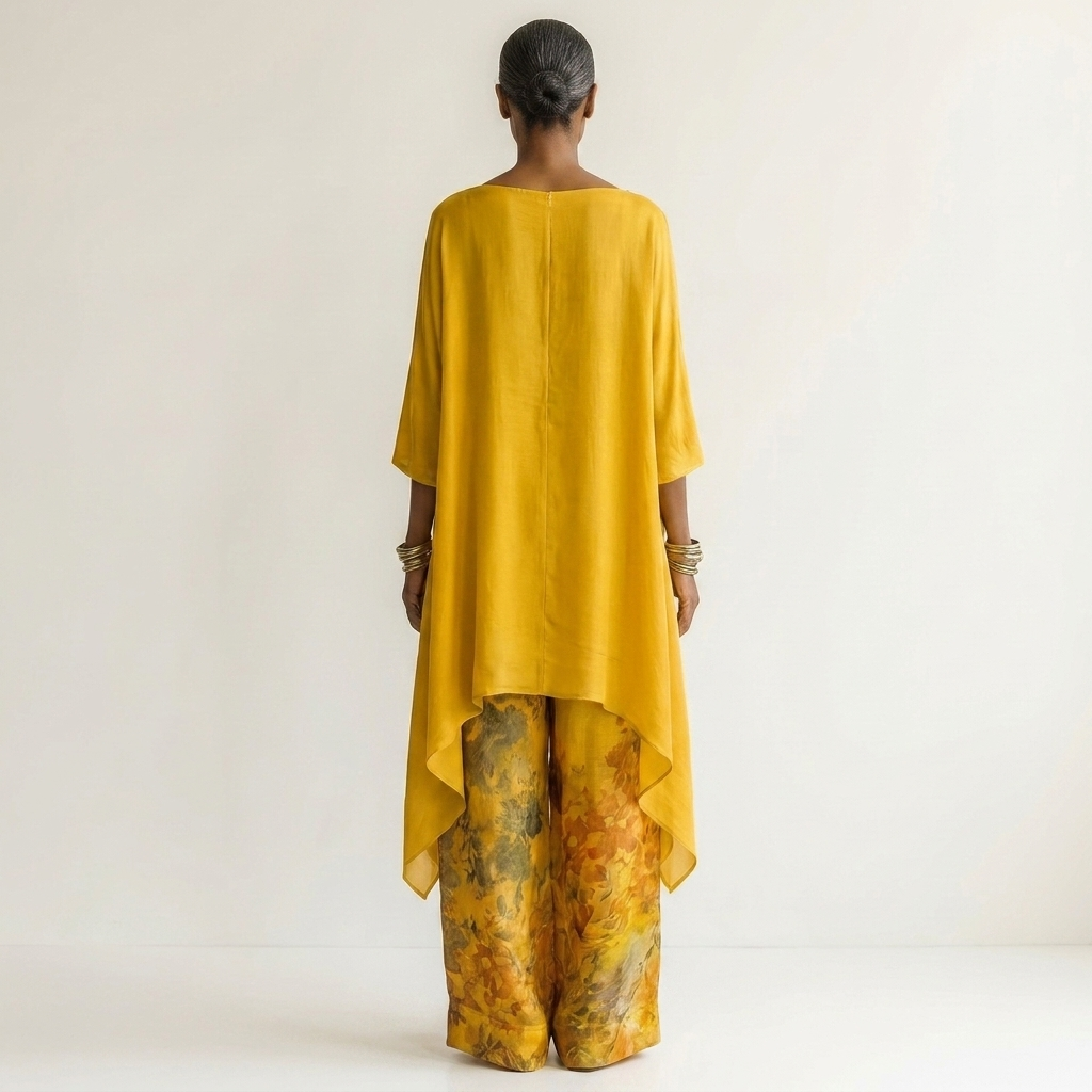 Carmela — Completo in cotone e seta con tunica asimmetrica