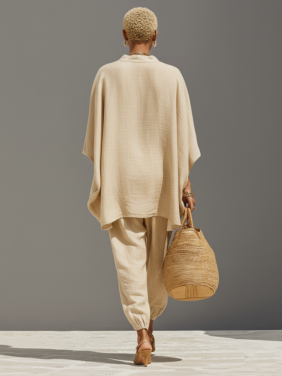 Beatrice — Completo due pezzi in lino con pantaloni neutro