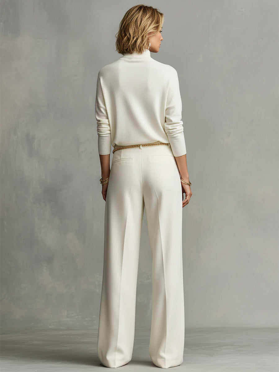 Elena — Completo due pezzi in maglia con pantaloni a gamba larga crema