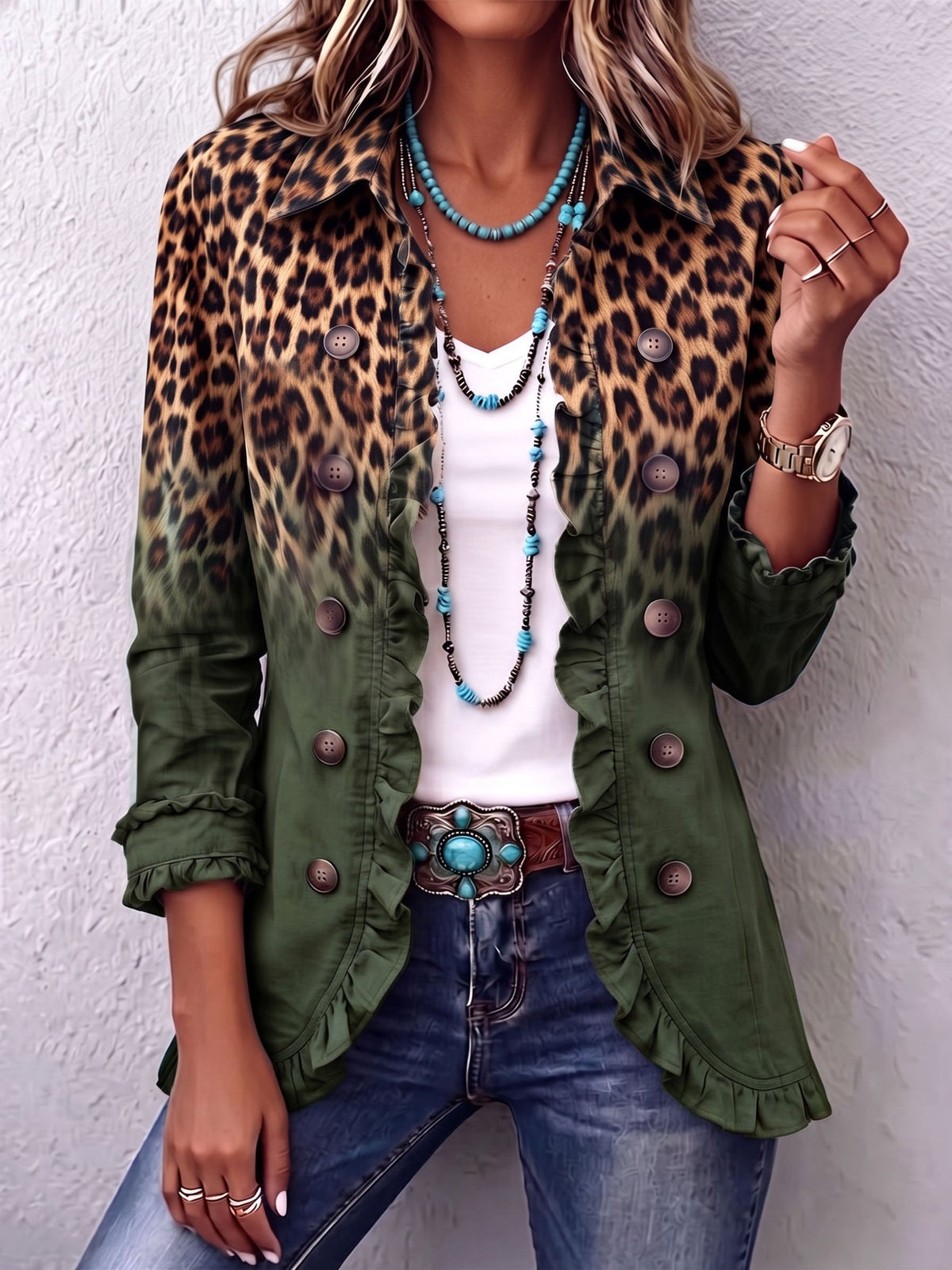 Elsa — Giacca blazer con volant e stampa leopardo