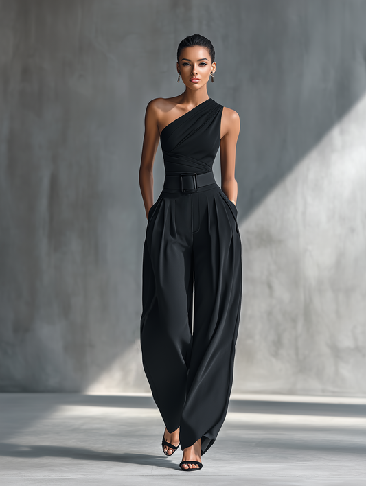 Clara — Completo due pezzi in maglia con pantaloni a gamba larga nero