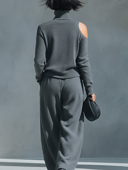 Dalia — Completo due pezzi in maglia con pantaloni a gamba larga grigio