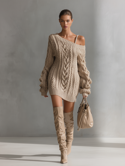 Firmina — Abito corto in maglia con spalle scoperte beige