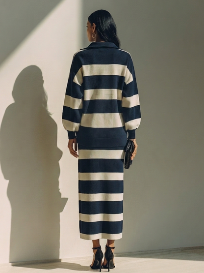 Flavia — Completo due pezzi in cotone a righe blu navy e bianco