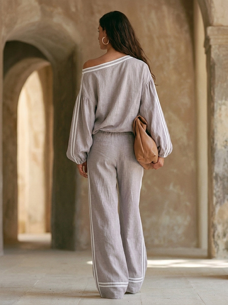 Iolanda — Completo due pezzi in lino a righe grigio viola