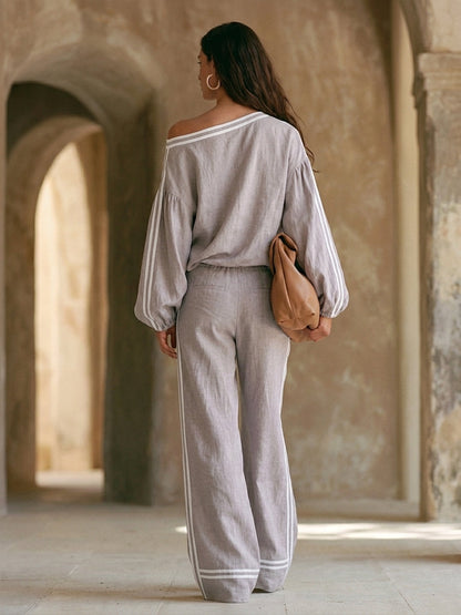 Iolanda — Completo due pezzi in lino a righe grigio viola