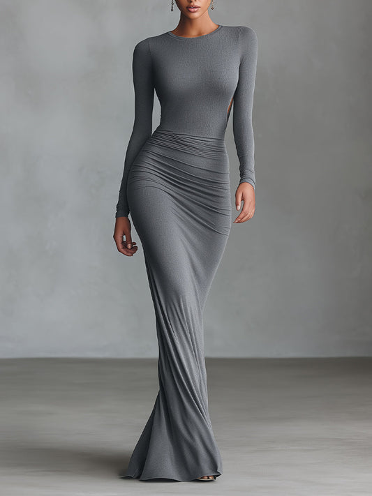 Eleuteria — Abito lungo in maglia elasticizzata con girocollo grigio