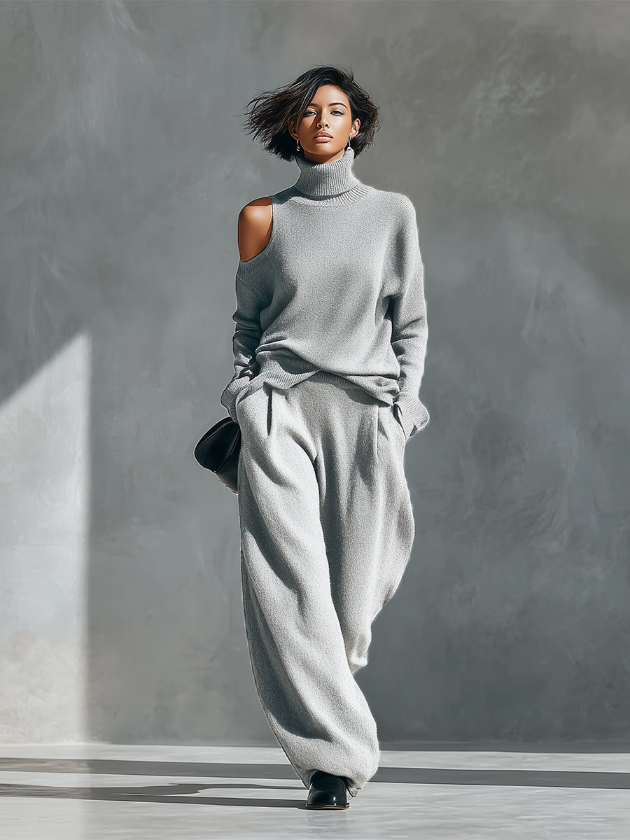 Dalia — Completo due pezzi in maglia con pantaloni a gamba larga grigio