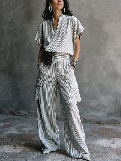 Fiorella — Completo due pezzi in cotone a righe grigio e bianco